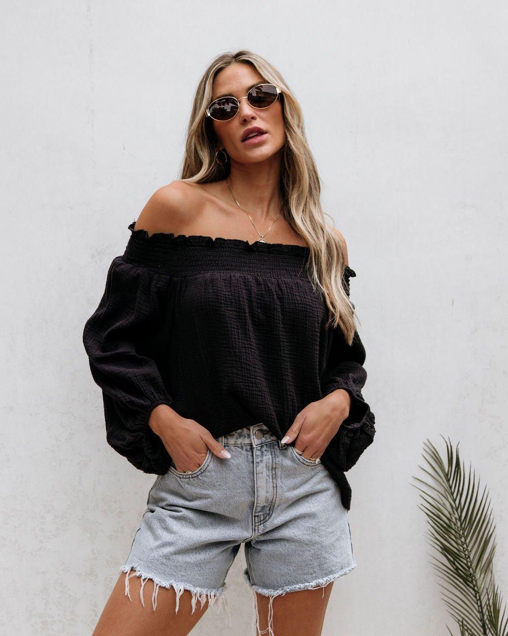 Black Ruffled Off The Shoulder Top - FINAL SALE product image