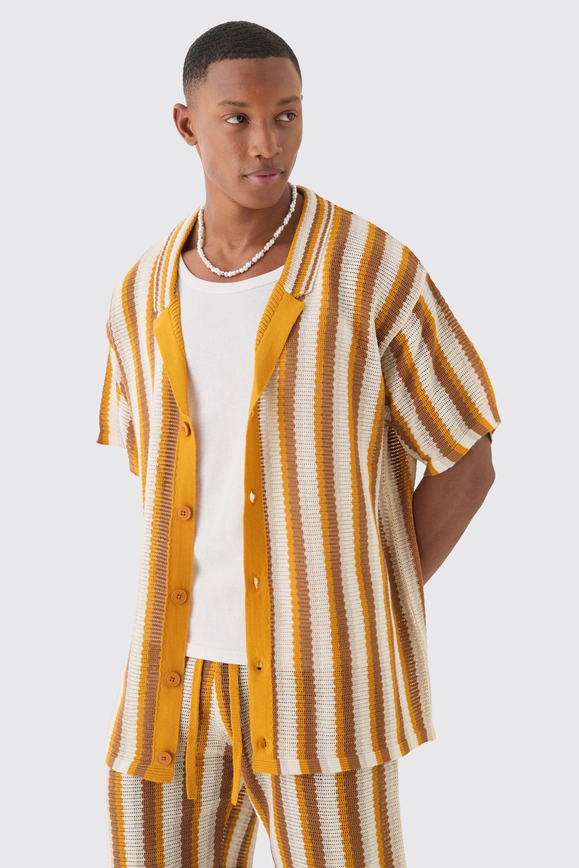 Mens Yellow Oversized Open Stitch Stripe Knit Shirt In Mustard, Yellow Product Image