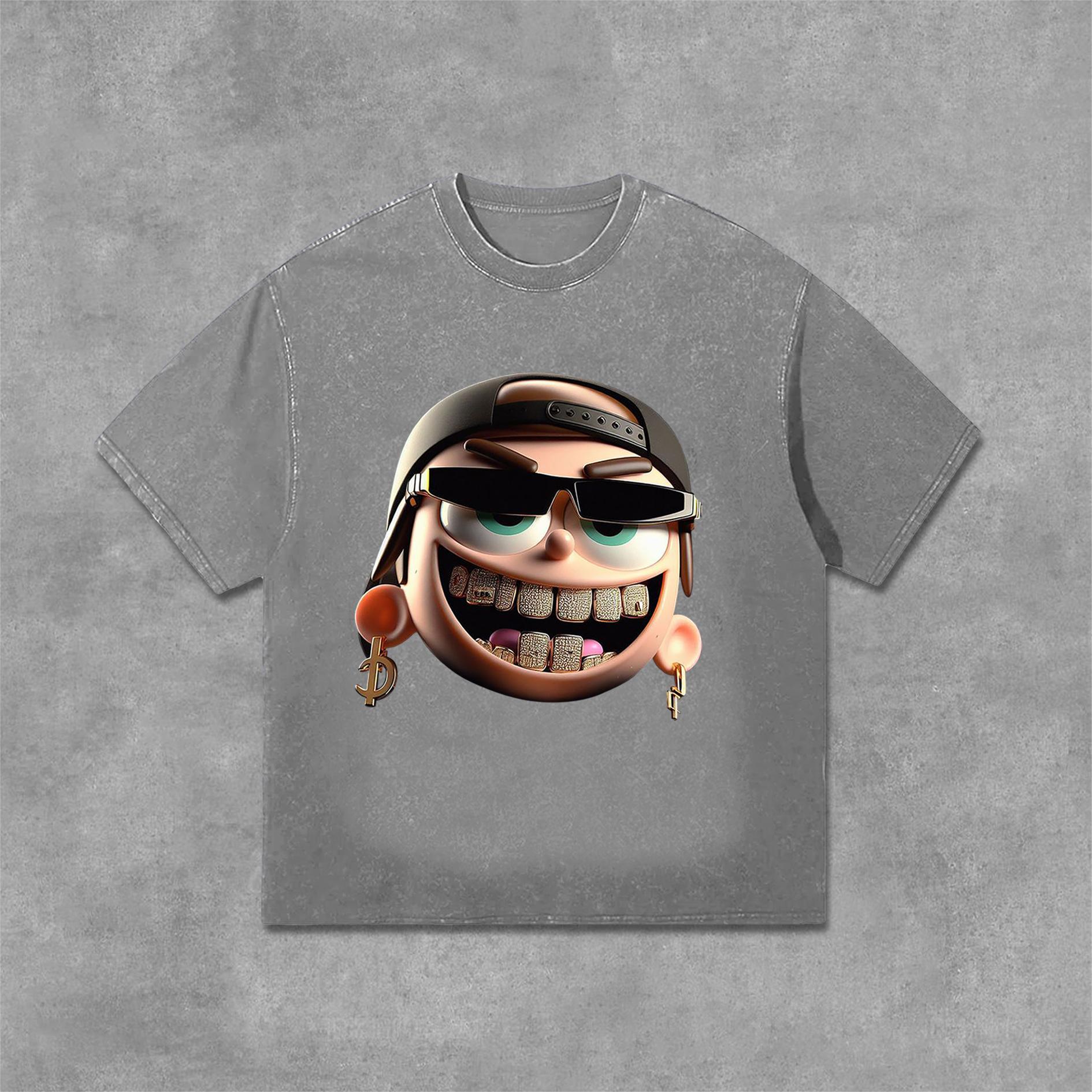 Casual Funny Cartoon Portrait Graphic Print Acid Washed T-Shirt Product Image