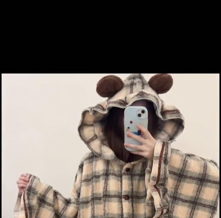 Plaid Bear Ear Hooded Button Robe Product Image