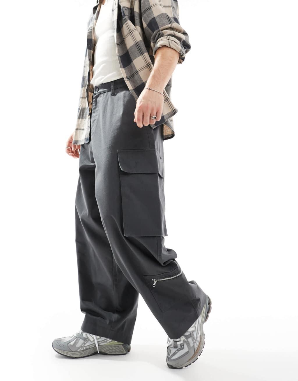 ASOS DESIGN baggy balloon cargo pants with zip details in charcoal  Product Image