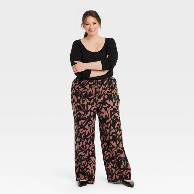 Womens High-Rise Wide Leg Linen Pull-On Pants - A New Day Black/Brown Geometric 2X Product Image