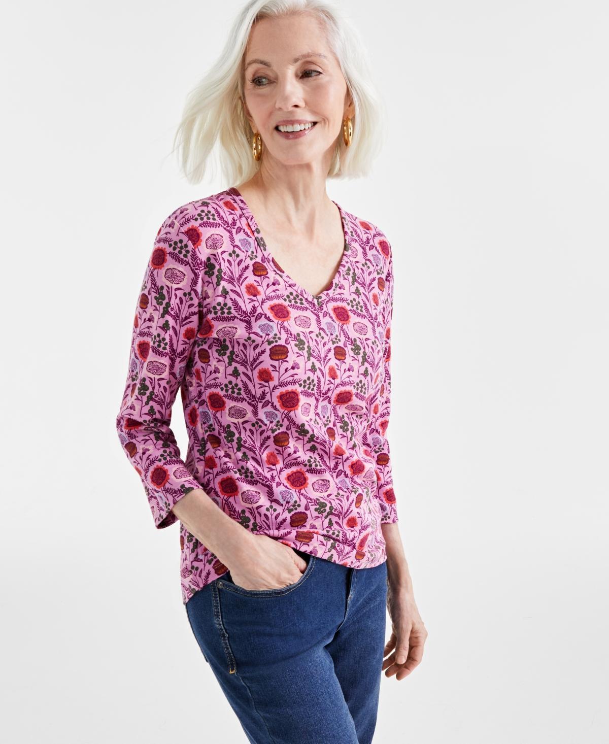 Style & Co Womens Printed 3/4 Sleeve V-Neck Top, Created for Macys Product Image