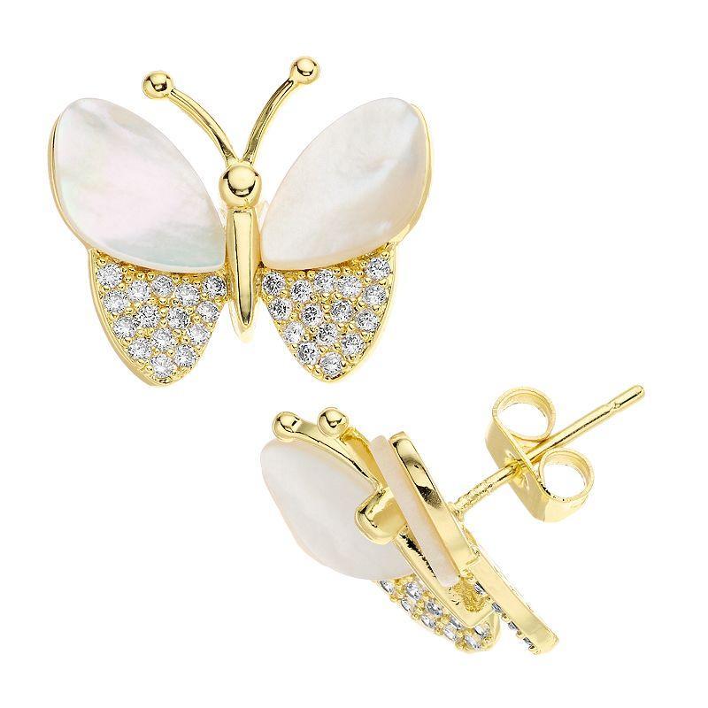 14k Gold Over Silver Mother-of-Pearl & Cubic Zirconia Pave Butterfly Earrings, Womens, Yellow Product Image