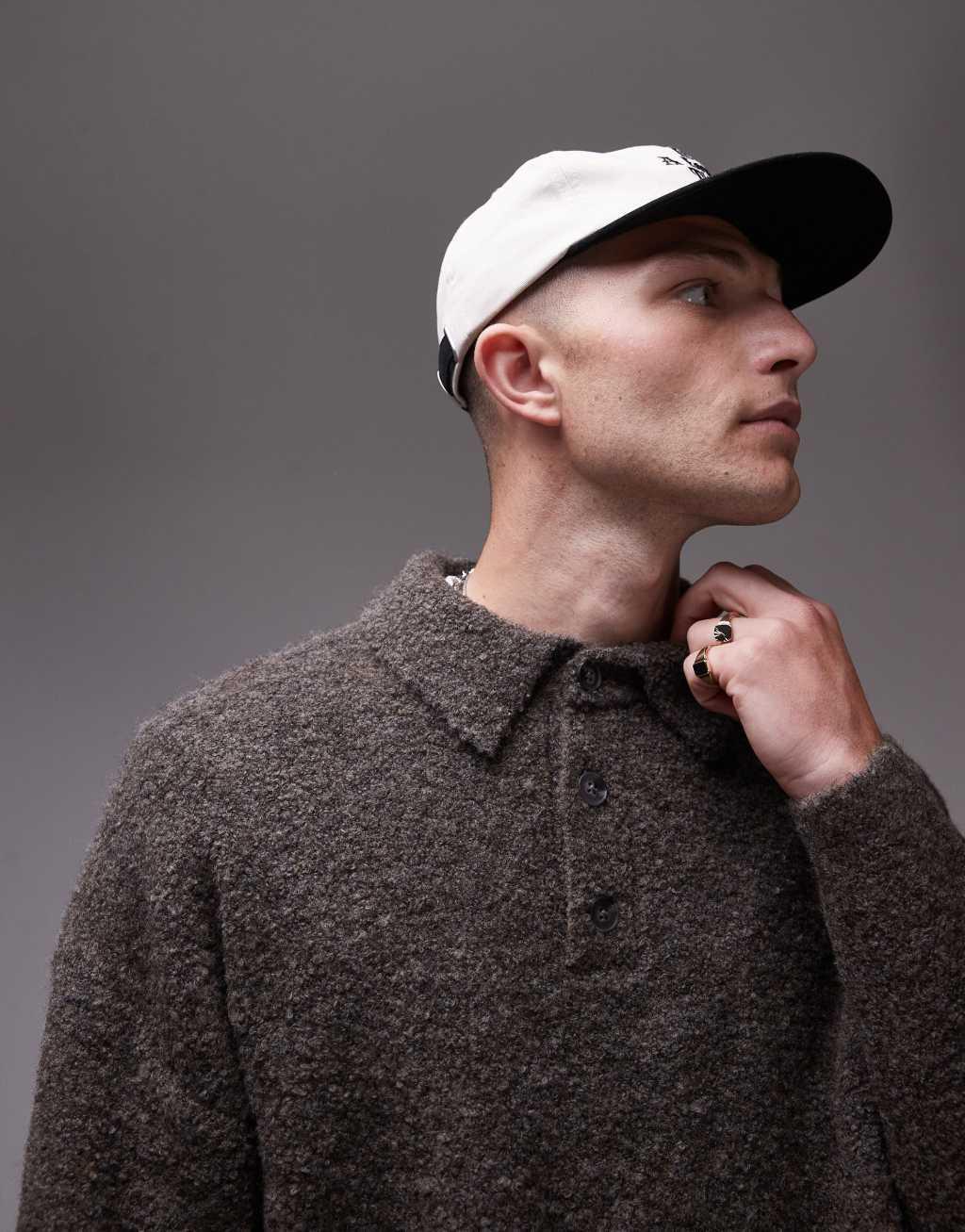 Topman oversized fit boucle polo shirt in heathered brown Product Image