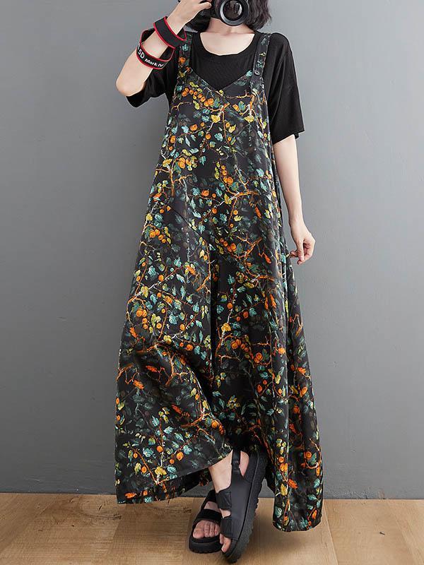 Loose Artistic Retro Ramie Cotton Floral Printed V-Neck Overalls Product Image