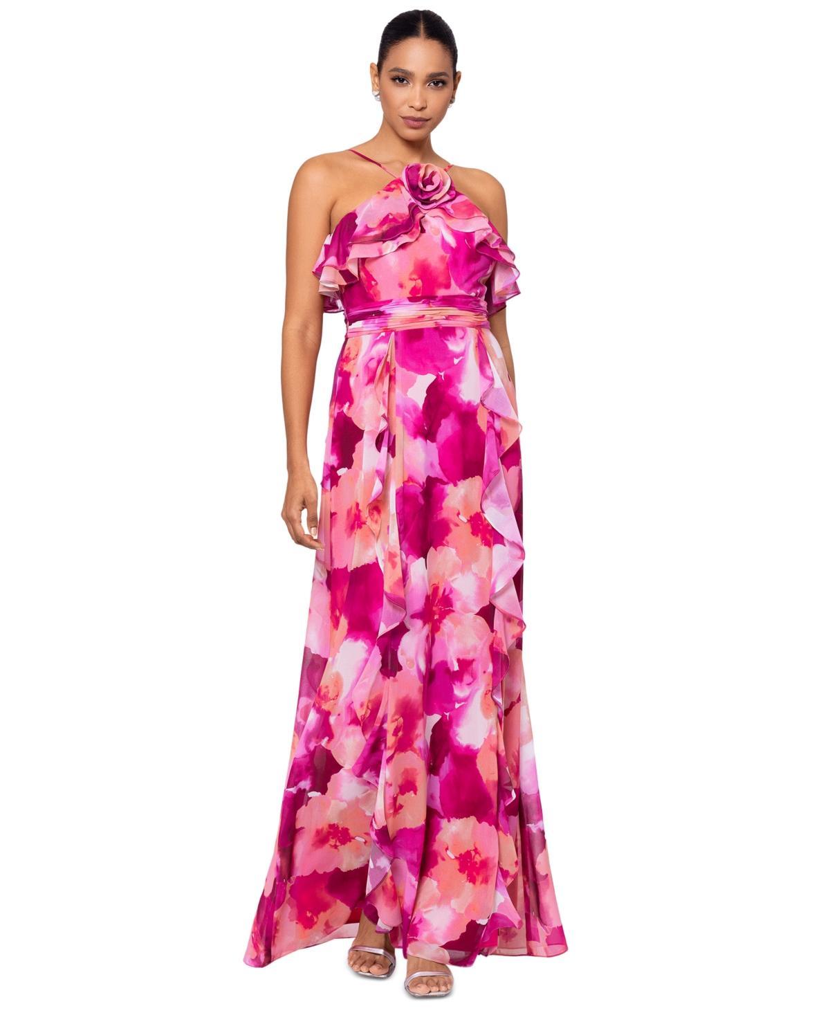 Xscape Womens Floral-Print Rosette Halter Gown - Fuschia Product Image