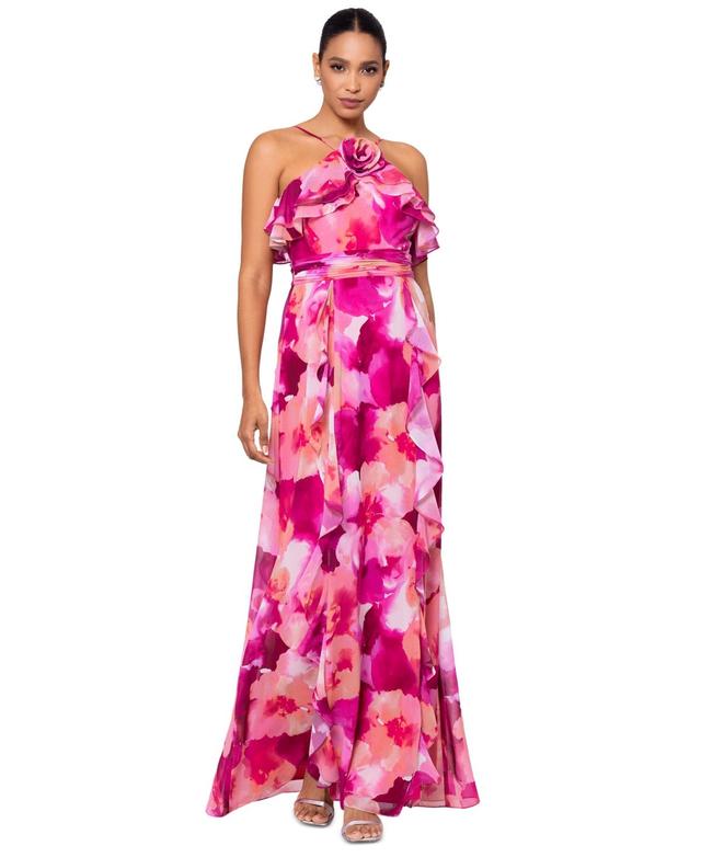 Women's Floral-Print Rosette Halter Gown Product Image