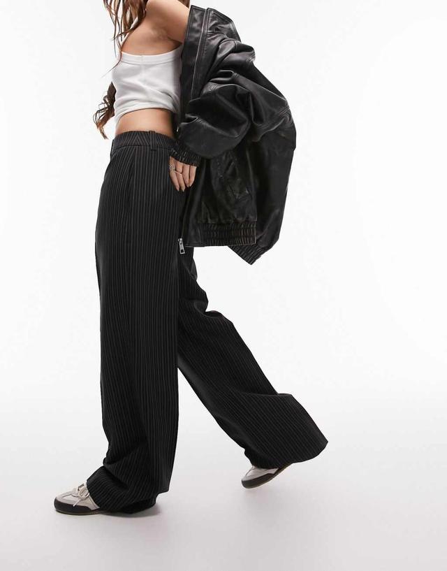 Topshop tailored pinstripe low slung pants in black Product Image