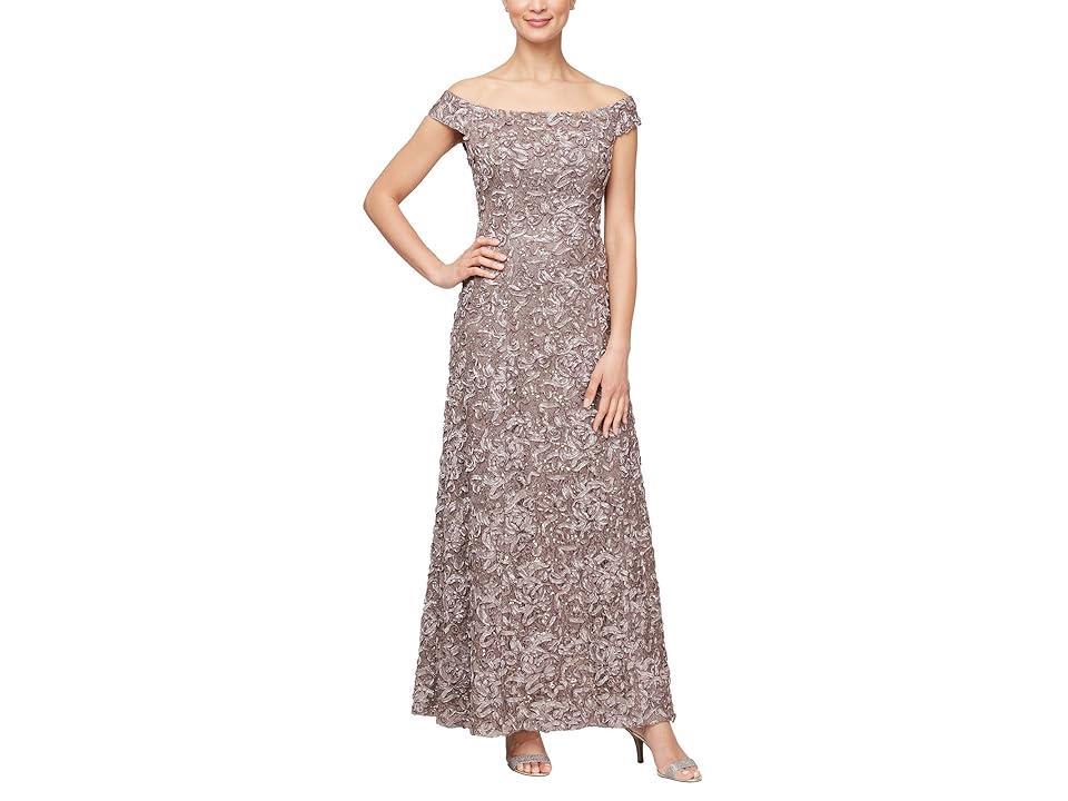 Alex Evenings Long Soutache Lace off the Shoulder (Mink) Women's Dress Product Image