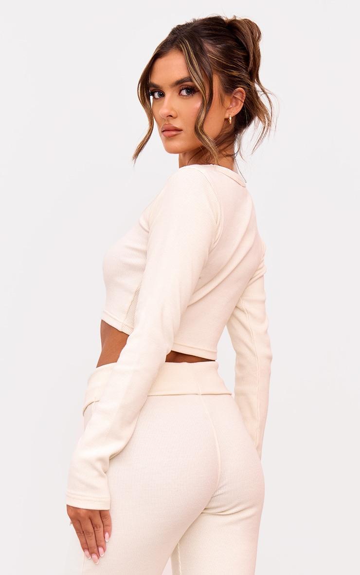 Cream Rib Scoop Neck Long Sleeve Crop Top Product Image