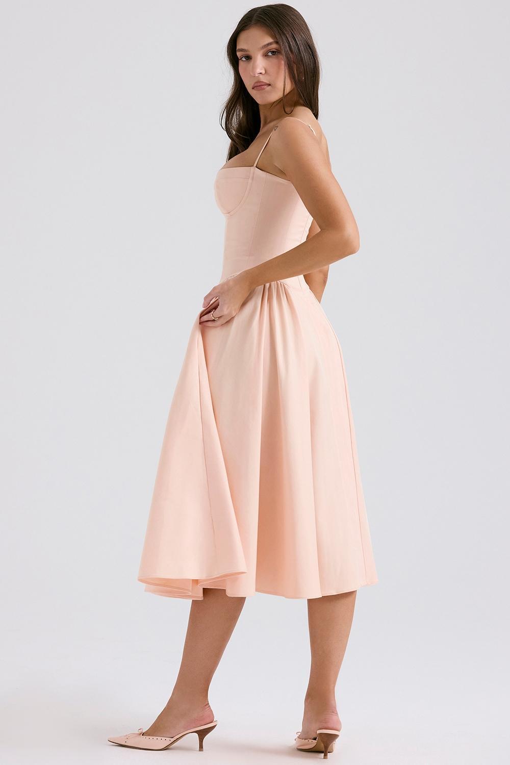 Samaria Peach Parfait Twill Corset Midi Dress Product Image