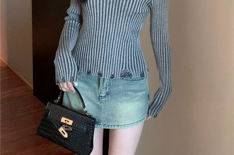 Long-Sleeve Off-Shoulder Striped Distressed Heart Buckle Knit Top Product Image