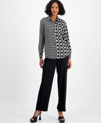 Bar Iii Womens Printed Colorblocked Blouse Cargo Pocket Wide Leg Pants Created For Macys product image