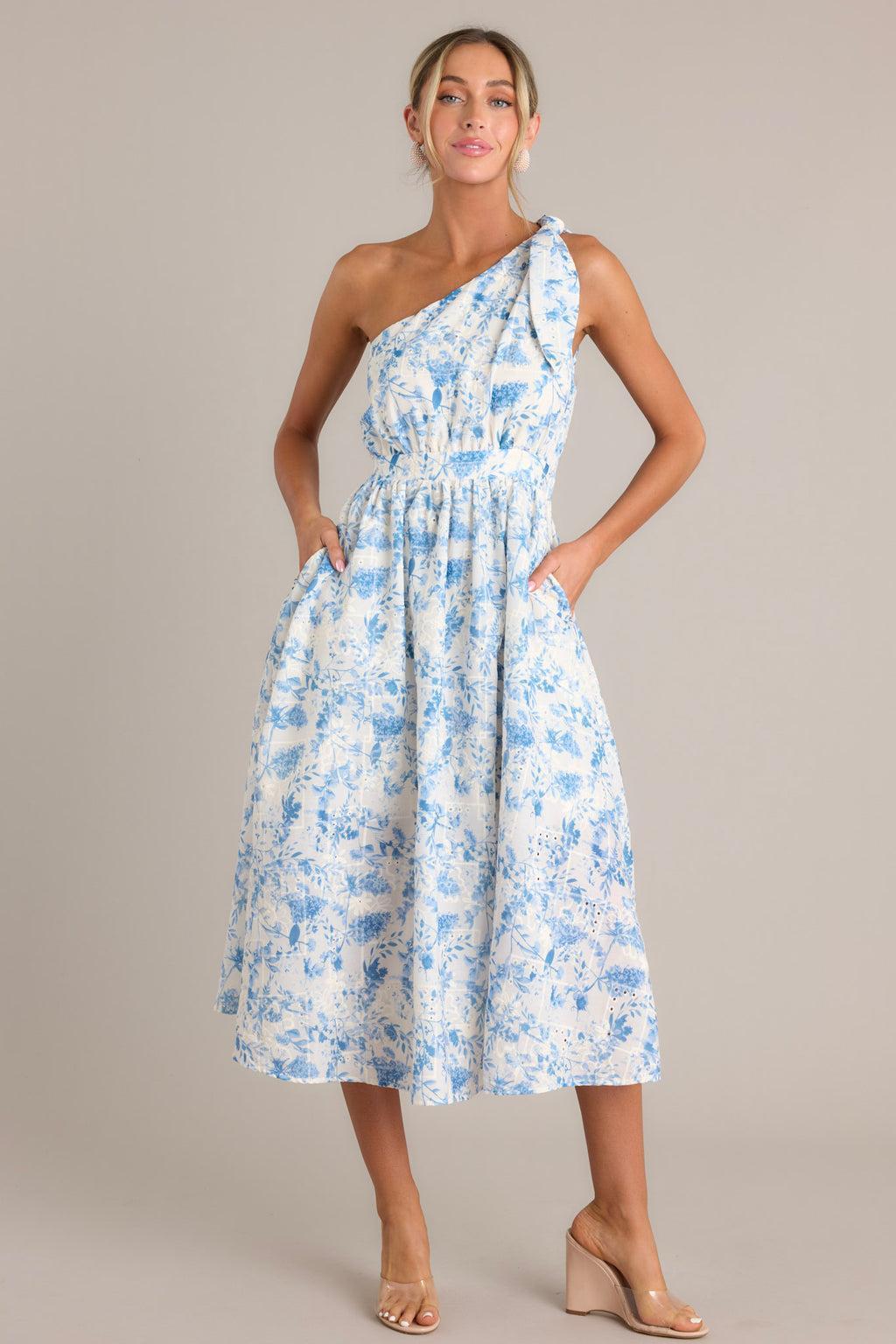 Bluebell Bliss Blue Floral One Shoulder Midi Dress Product Image