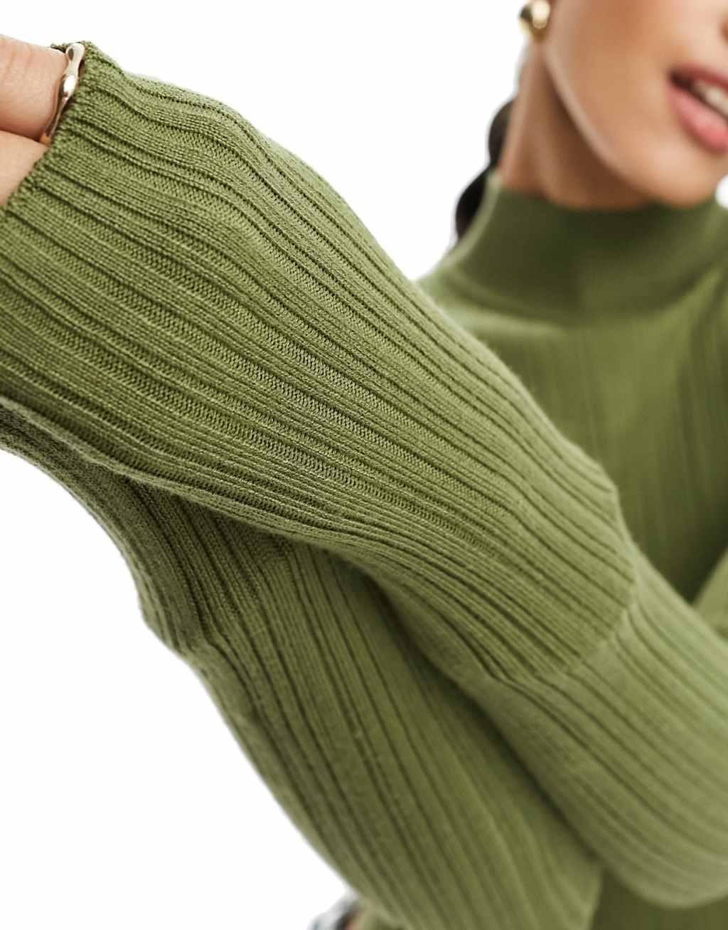 Miss Selfridge funnel neck ribbed knit twist back top in khaki Product Image