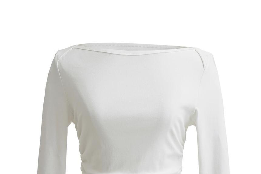 Long Sleeve Boat Neck Plain Ruched T-Shirt Product Image