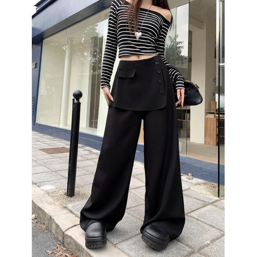 High Rise Mock Two-Piece Plain Buttoned Wide Leg Dress Pants Product Image