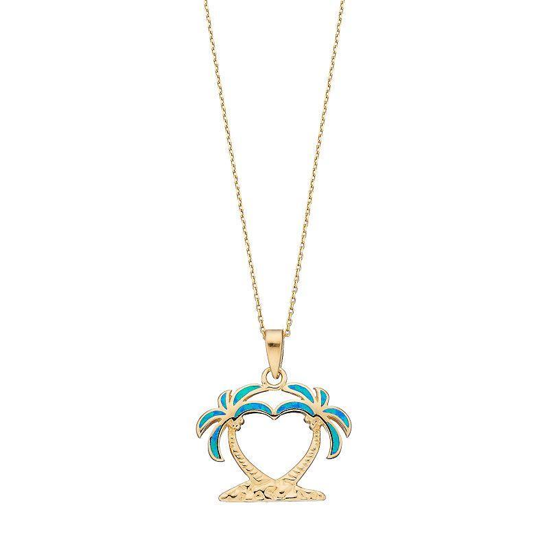 14k Gold Over Silver Lab-Created Blue Opal Palm Tree Pendant, Womens Product Image