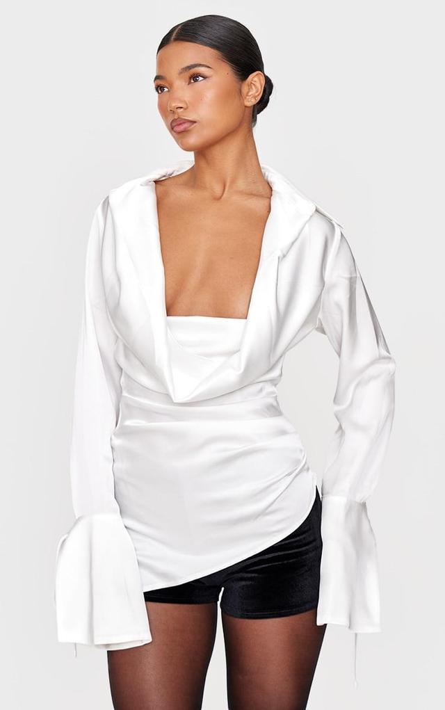 White Satin Cowl Neck Asymmetric Shirt Product Image