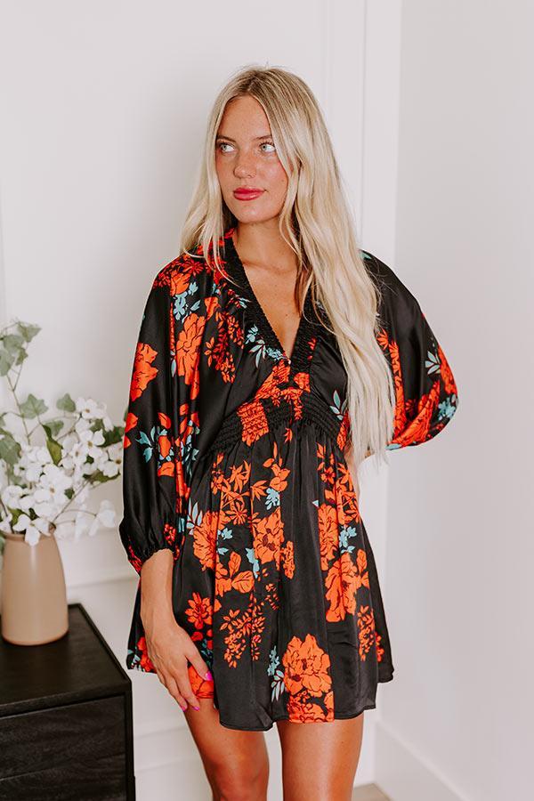 Botanical Bliss Satin Mini Dress in Black Product Image