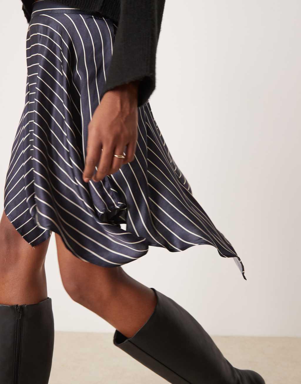 Miss Selfridge satin asymmetric hem mini skirt in navy pinstripe Product Image