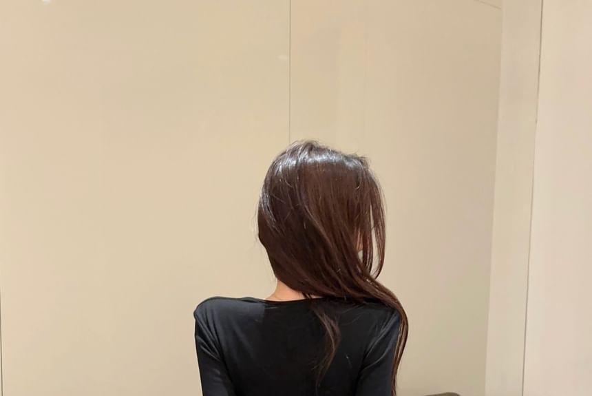 Long Sleeve Square Neck Plain Mock Two Piece Panel Faux Leather Mini Sheath Dress Product Image