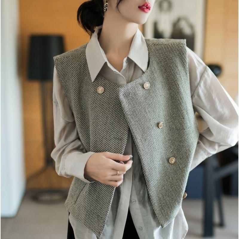 Crew Neck Tweed Double-Breasted Vest Product Image