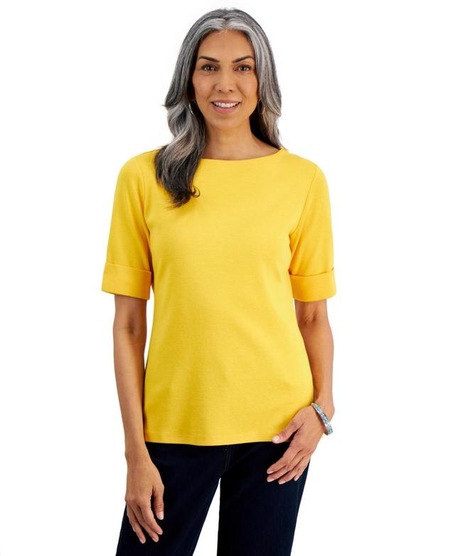 Women's Boat-Neck Elbow Sleeve Cotton Top, XS-4X, Created for Macy's Product Image