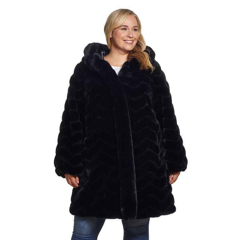 Gallery Plus Size Chevron Faux Fur Hooded Coat Product Image