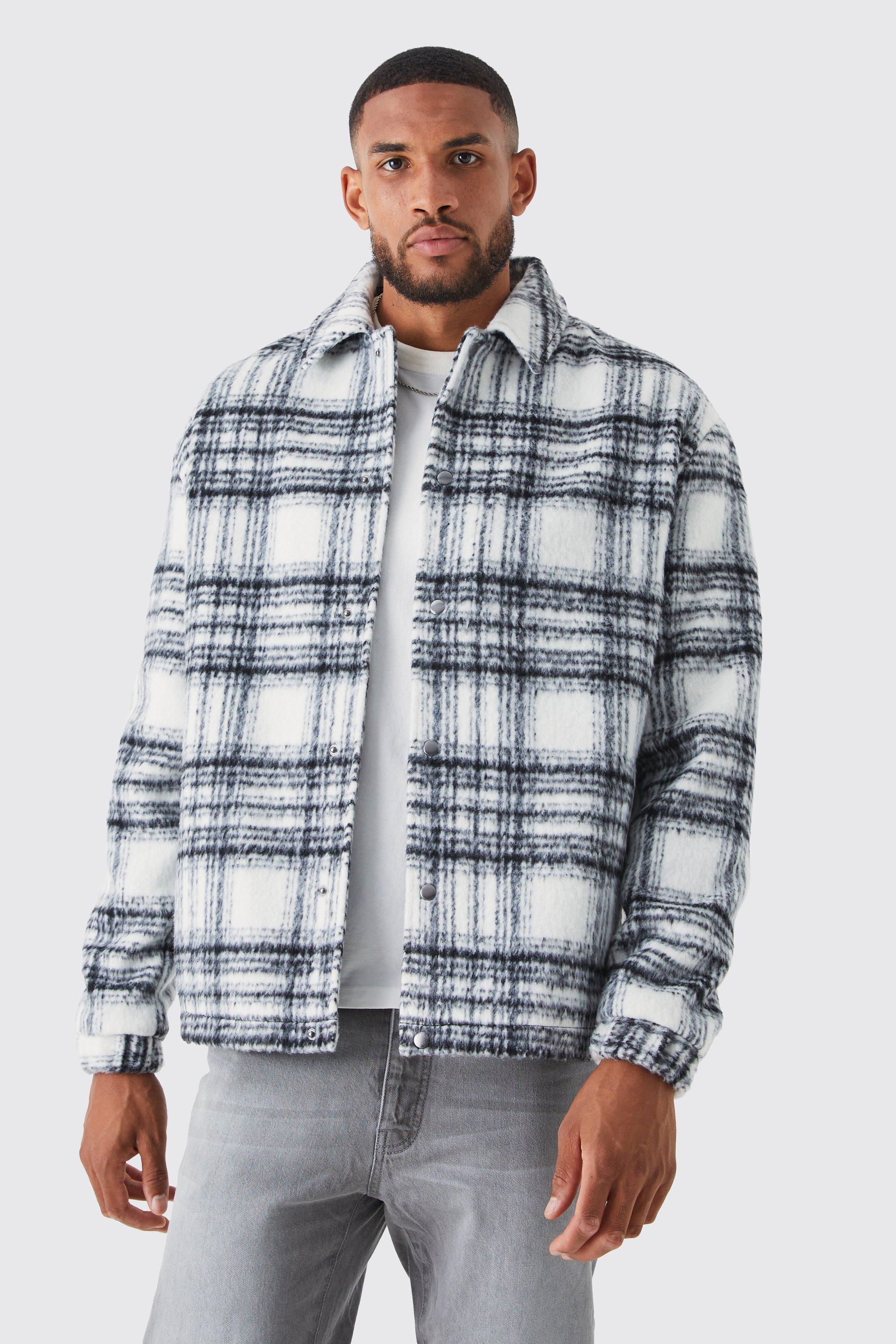 Mens Grey Tall Oversized Wool Look Check Harrington Jacket, Grey Product Image