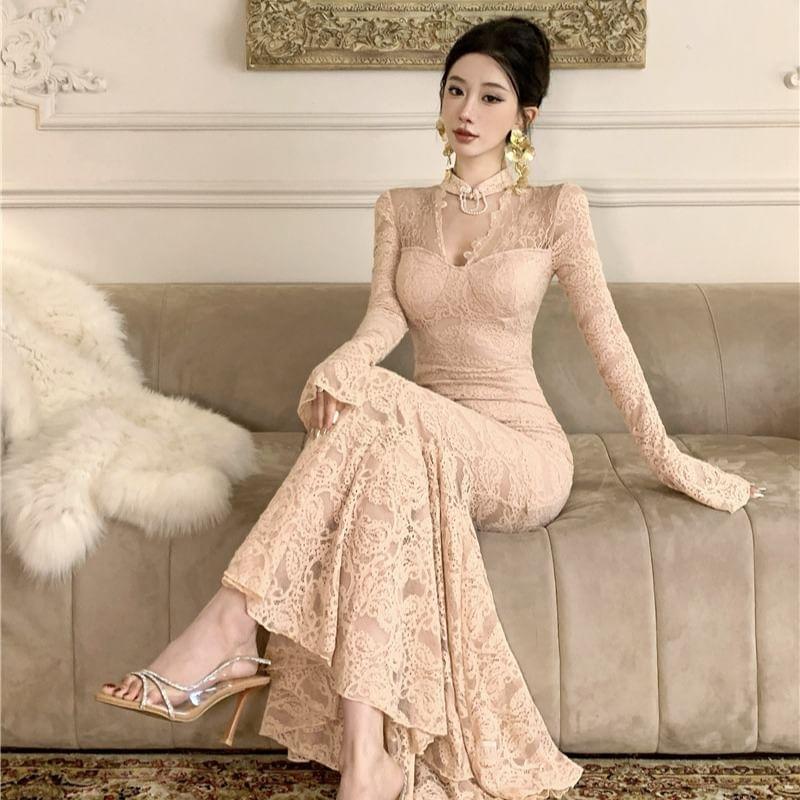 Bell-Sleeve Stand Collar Midi Lace Mermaid Dress product image