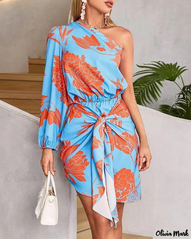 Olivia Mark – One-Shoulder Tie-Detail Casual Dress with Plant Print Product Image