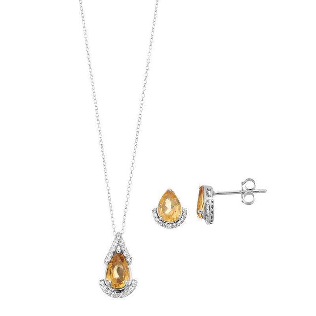 Sterling Silver Citrine & White Topaz Pear Drop Earring & Pendant Necklace Set, Womens Product Image