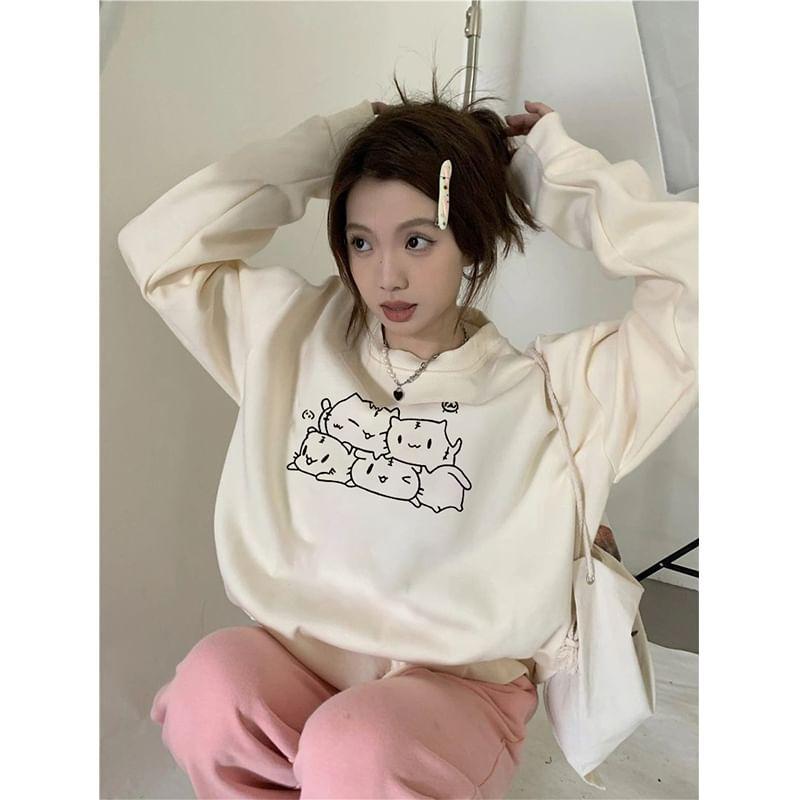 Long-Sleeve Crew Neck Cat Print Pullover Product Image