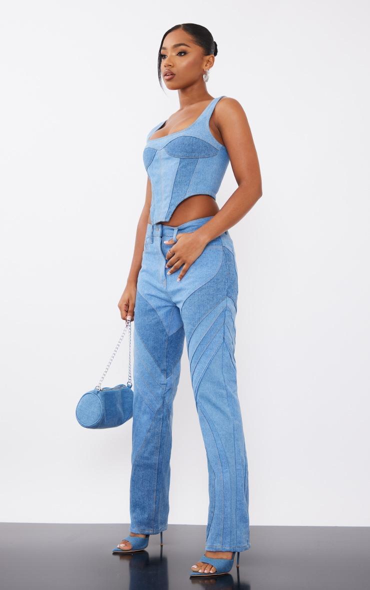  Light Blue Wash Contrast Dipped Hem Denim Top Product Image