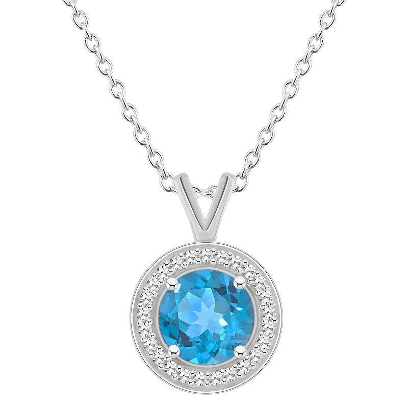 Celebration Gems Sterling Silver Round Gemstone & 1/8 Carat T.W. Diamond Halo Pendant Necklace, Womens Blue Product Image