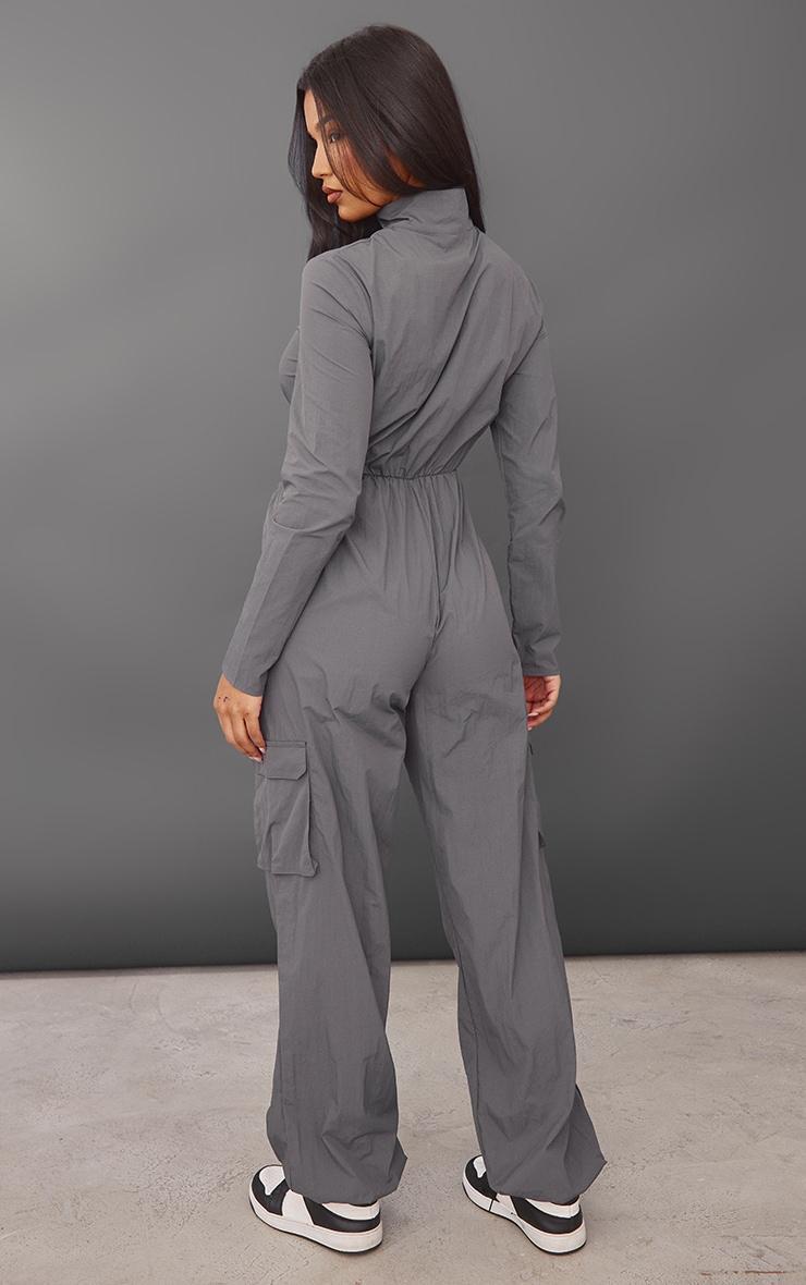 Charcoal Zip Detail Cut Out Utility Parachute Jumpsuit Product Image