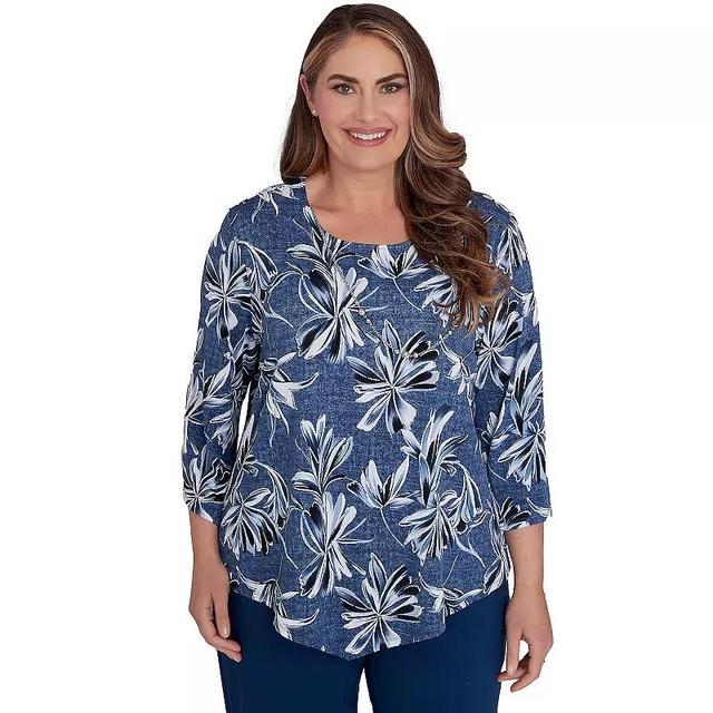 Plus Size Alfred Dunner Elegant Flower Top with Necklace, Womens Blue Product Image