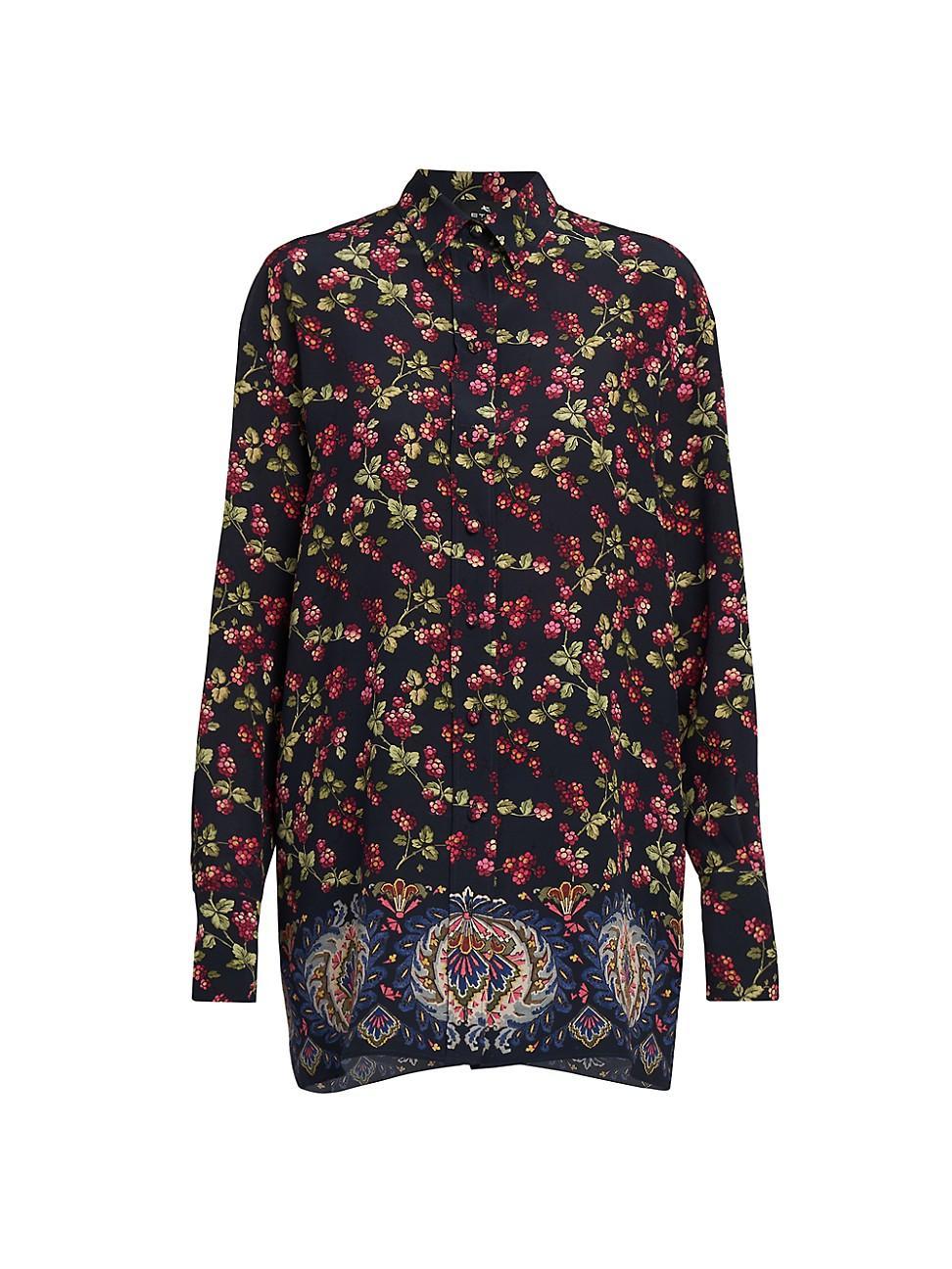 Etro Berry Print Long Sleeve Silk Button-Up Tunic Product Image