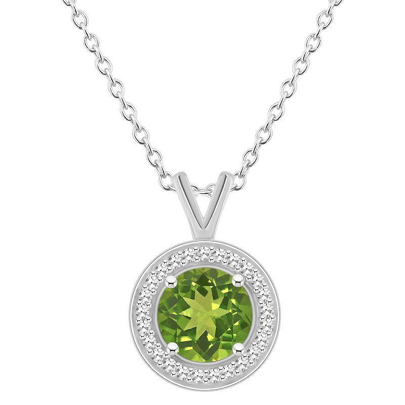 Celebration Gems Sterling Silver Round Gemstone & 1/8 Carat T.W. Diamond Halo Pendant Necklace, Womens Green Product Image