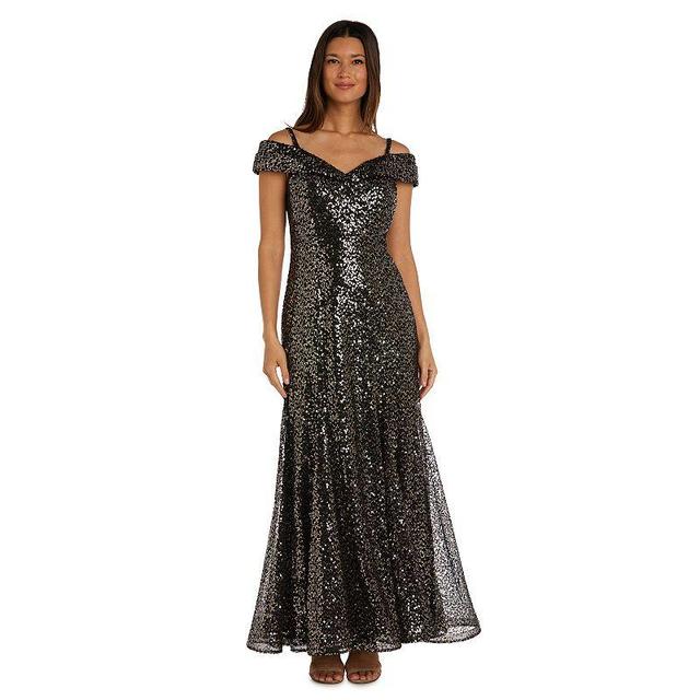 Petite R&M Richards Long Off the Shoulder Sequin Gown With Empire Waist, Womens Product Image