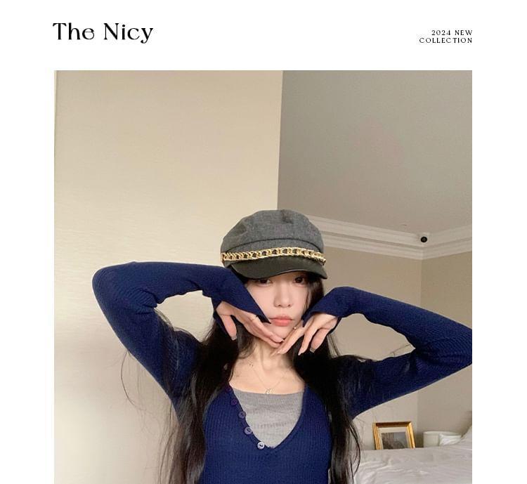 V-Neck Long Sleeve Mock Two Piece Knitted Top Product Image