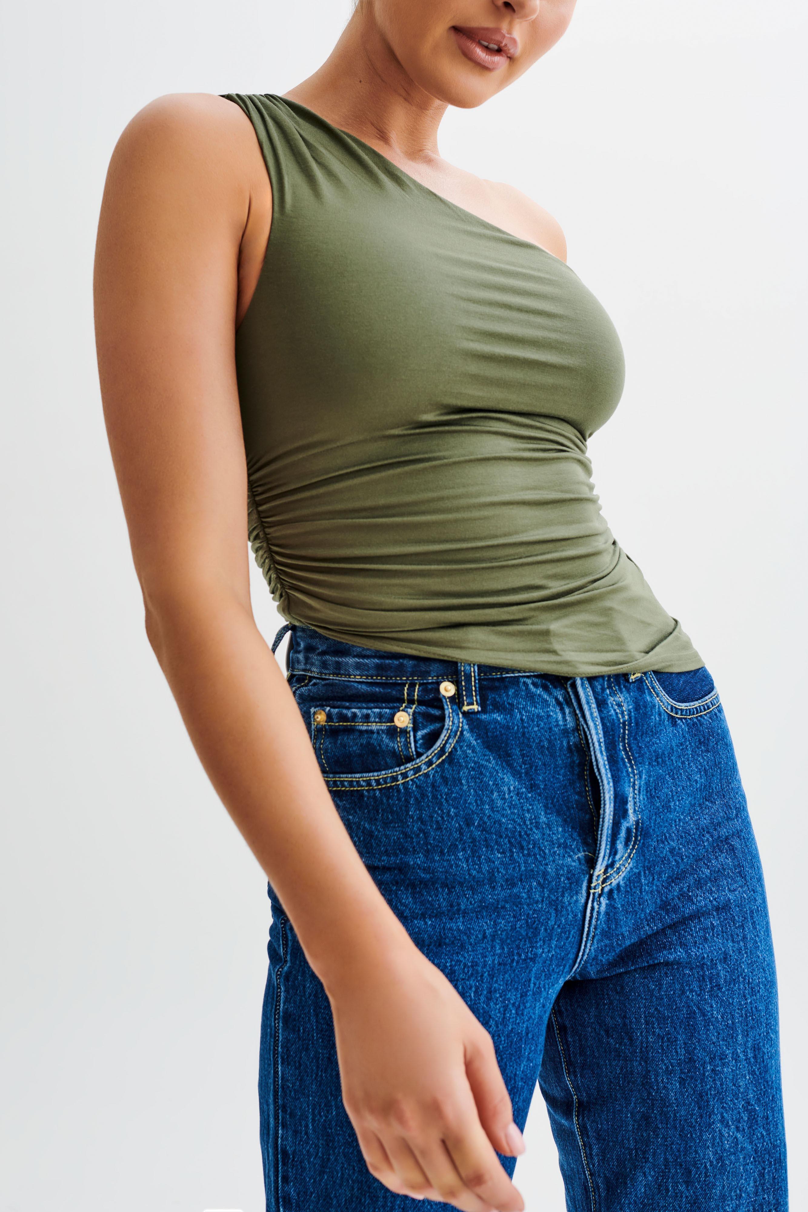 Sarah One Shoulder Modal Asymmetric Top - Military Olive Product Image