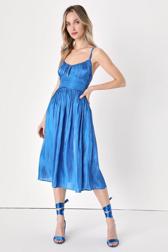 Irresistible Glow Cobalt Blue Satin Pleated Lace-Up Midi Dress Product Image