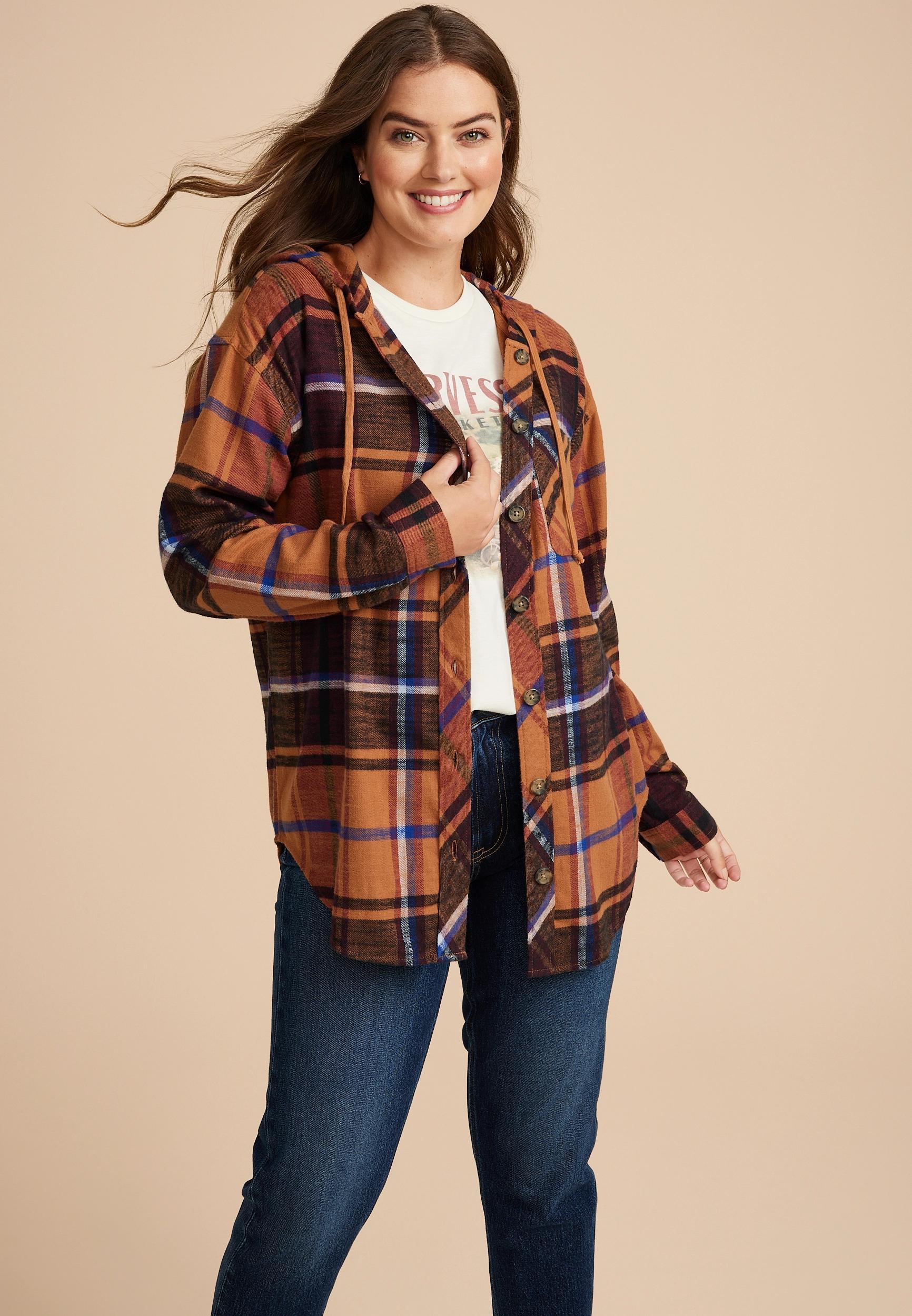 Cabin Plaid Boyfriend Hooded Button Down Shirt Product Image