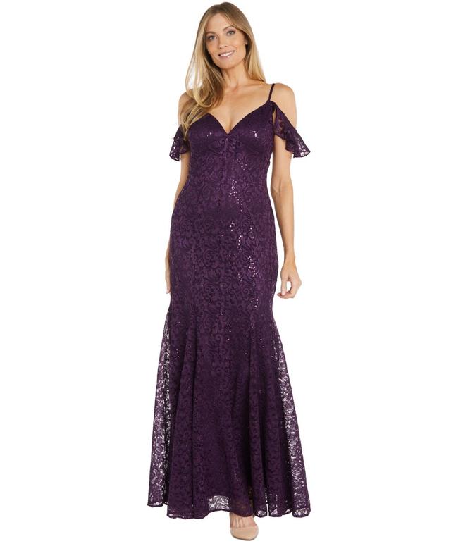 R & M Richards Womens Sequin Lace Cold Shoulder Gown Product Image