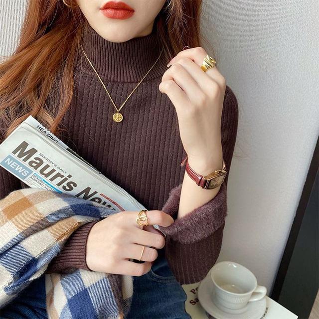 Long-Sleeve Mock Neck Plain Fleece-Lined Knit Top Product Image