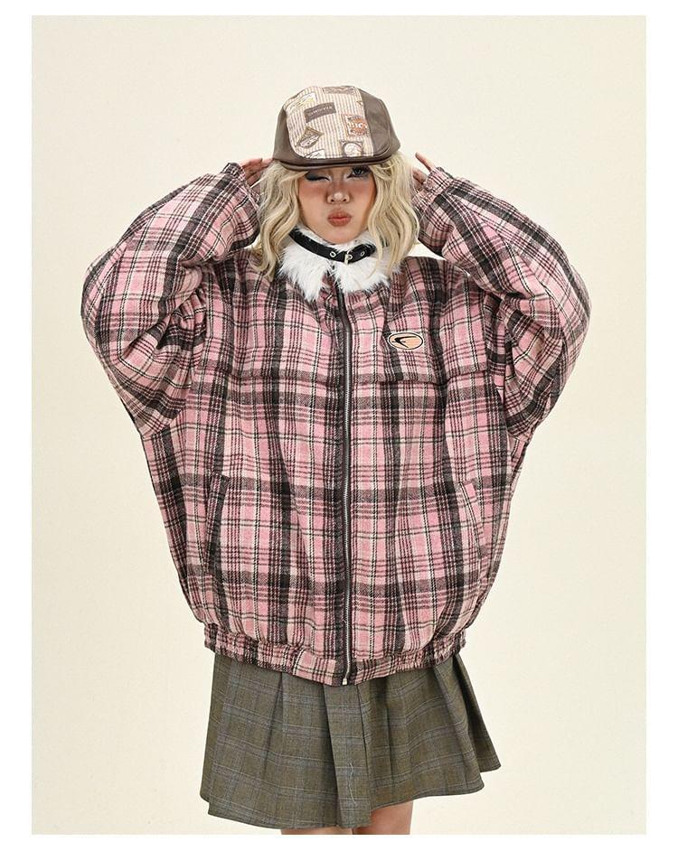 Fluffy Collar Plaid Zip Puffer Jacket Product Image