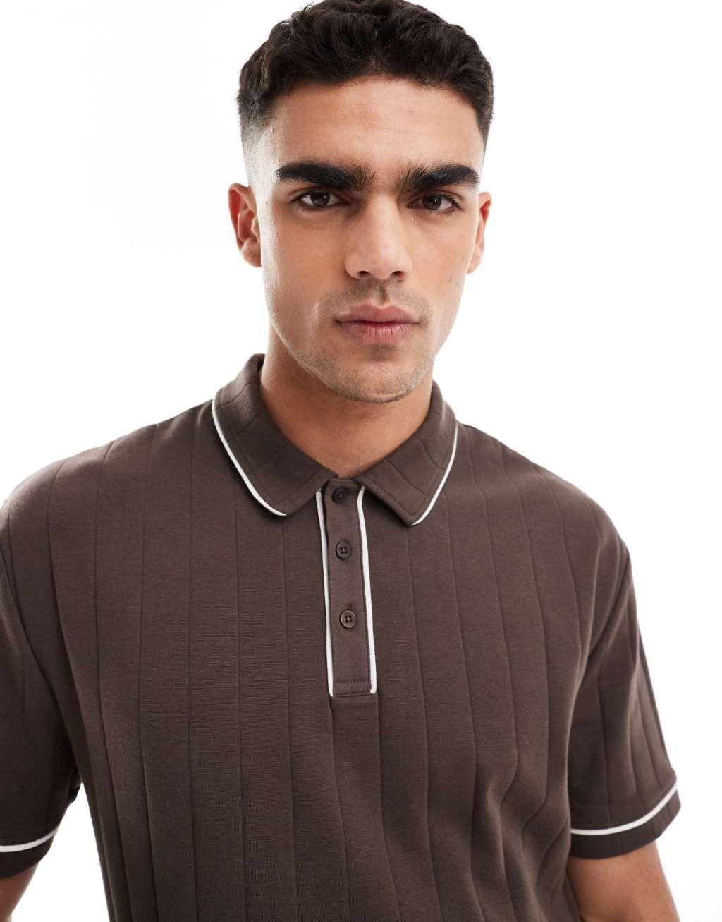 ASOS DESIGN relaxed ribbed polo with white tipping in brown Product Image